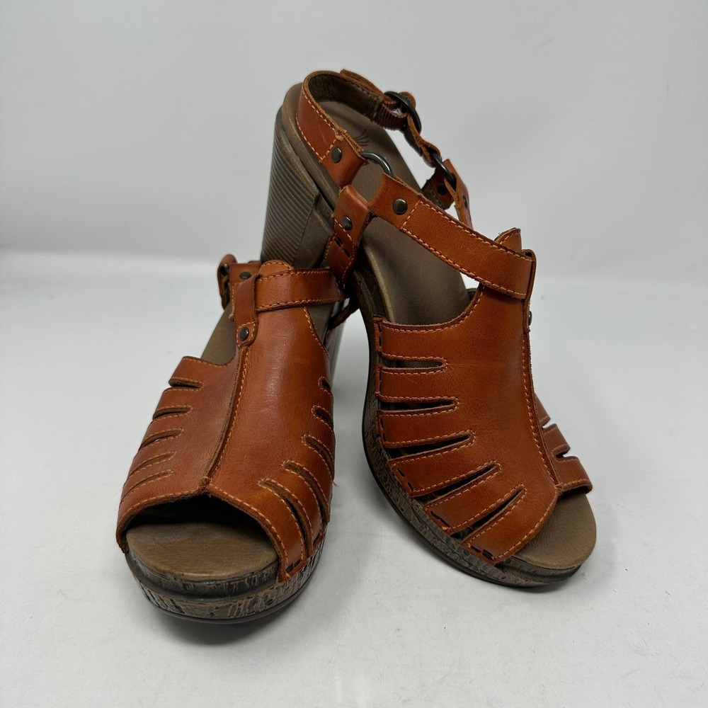 Dansko Sandals Women 38 Tan Leather Thea Clog Heel Slingback Cage Strappy 2301